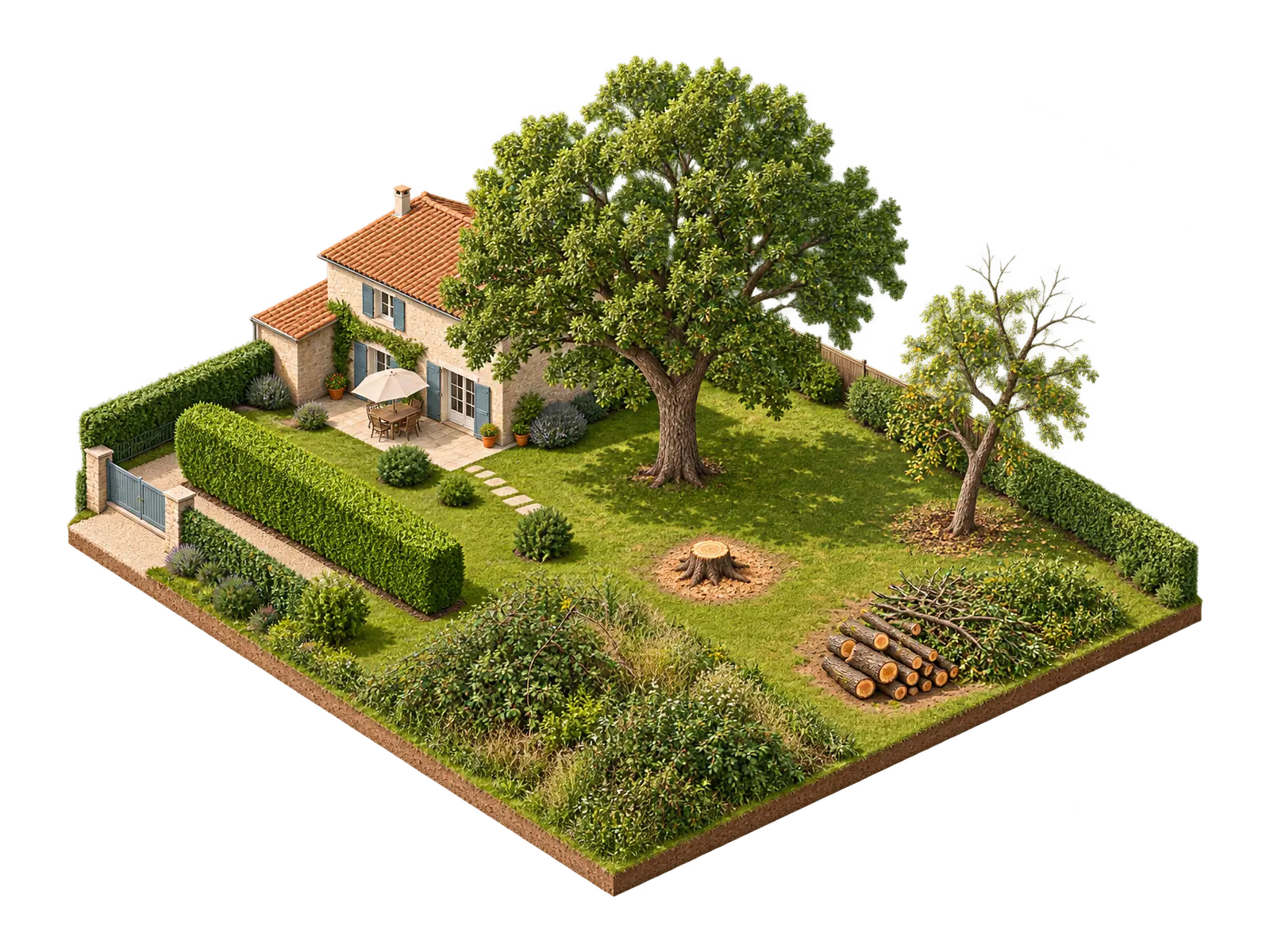 Vue isométrique d'un jardin avec deux arbres, une haie, une souche, une zone de broussailles et des branches à évacuer